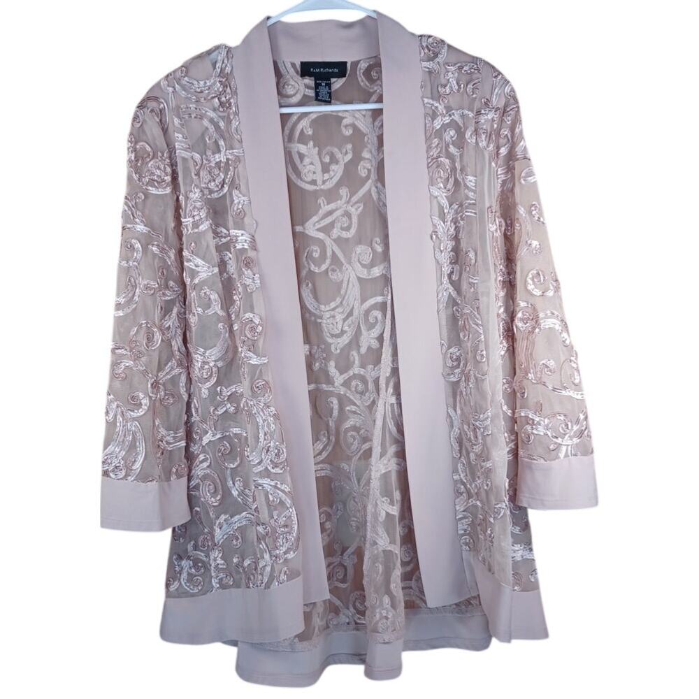 R&M Richards Size 14 Champagne Soutache Ribbon Mesh Jacket Open Front Nude